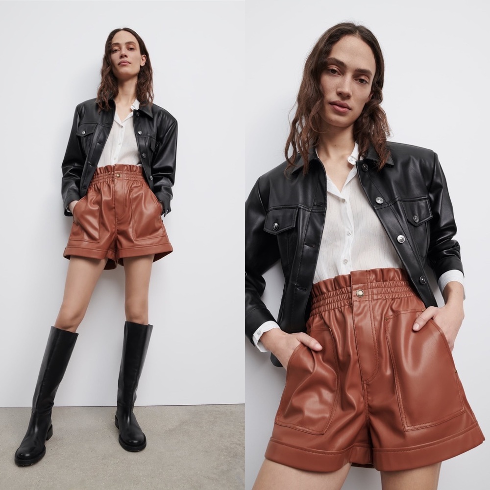 Zara Faux Leather Shorts in Cognac Brown